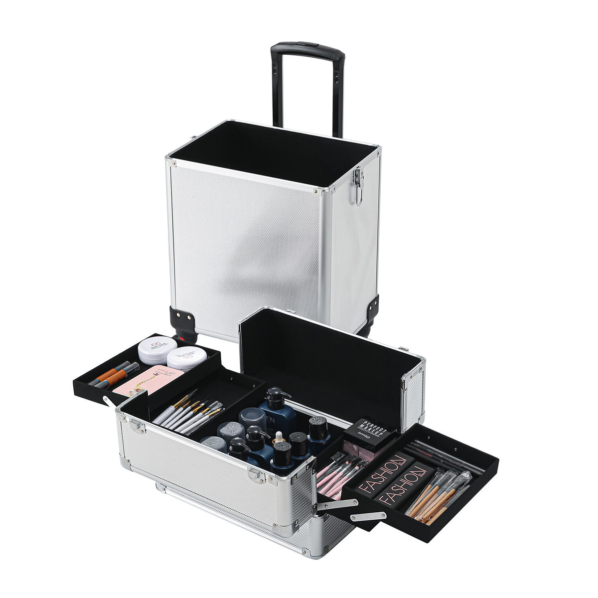 4-in-1 Aluminum Rolling Makeup Train Case with Drawers and Wheels