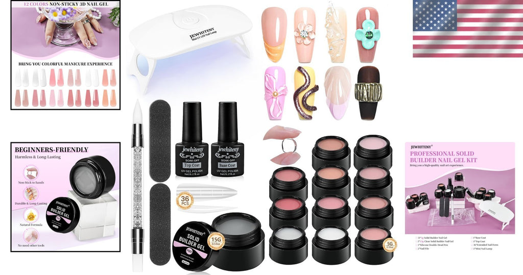 Non-Sticky Builder Gel Nail Art Kit with UV Lamp - 12 Colors for Perfect Manicures
