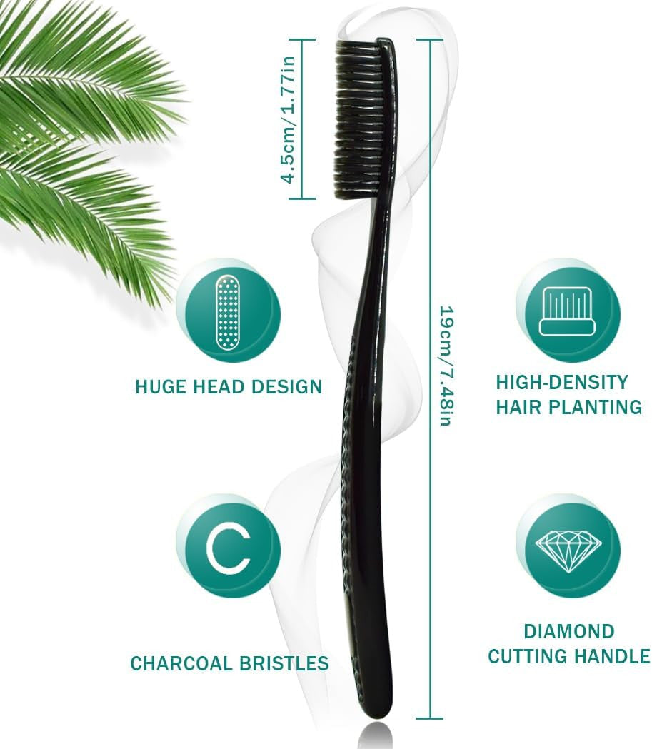 Large Long Head Toothbrush 4-Pack with Charcoal Bristles - Upgraded Firm Oral Care
