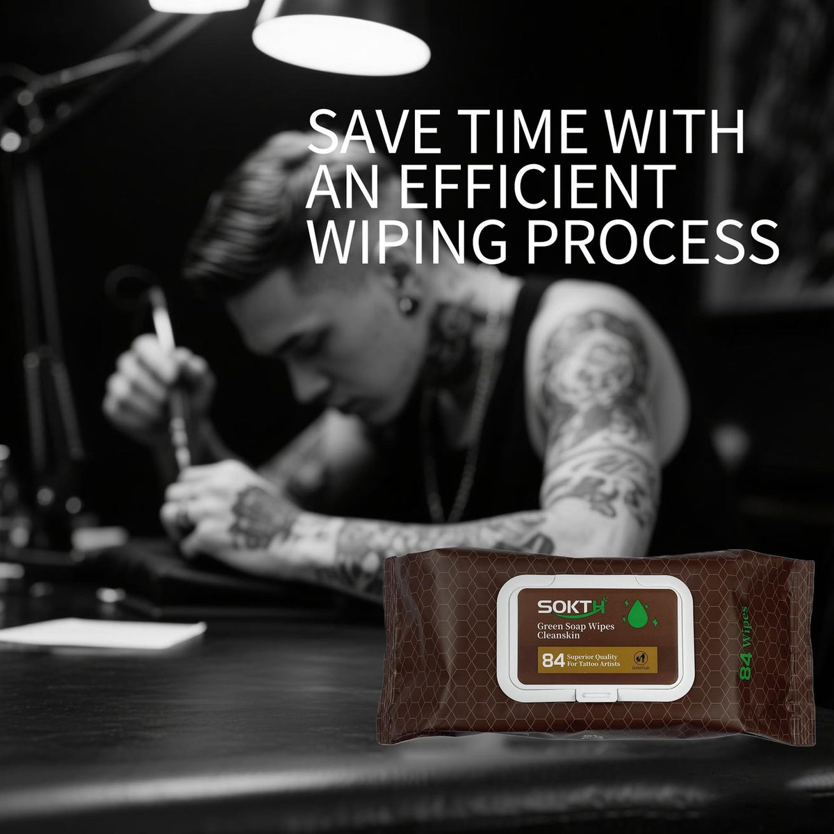 Tattoo Wipes Alcohol-Free Green Soap Premixed 84-Count for Clean & Aftercare