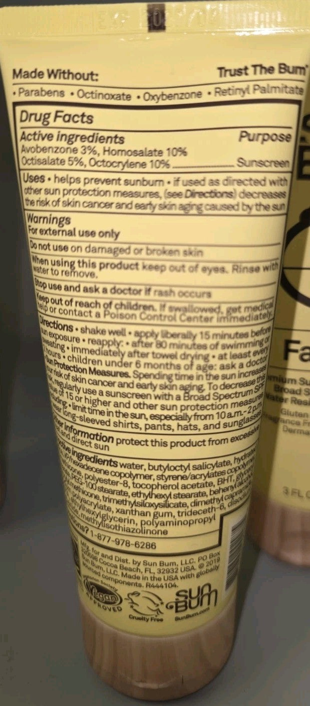 Sun Bum SPF 50 Broad Spectrum Sunscreen Face Lotion - 3 Oz, Lot of 3