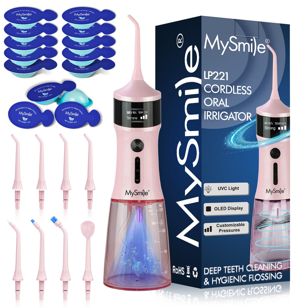Cordless Water Flosser with UVC Sterilizer, 335ML Portable Oral Irrigator Pink