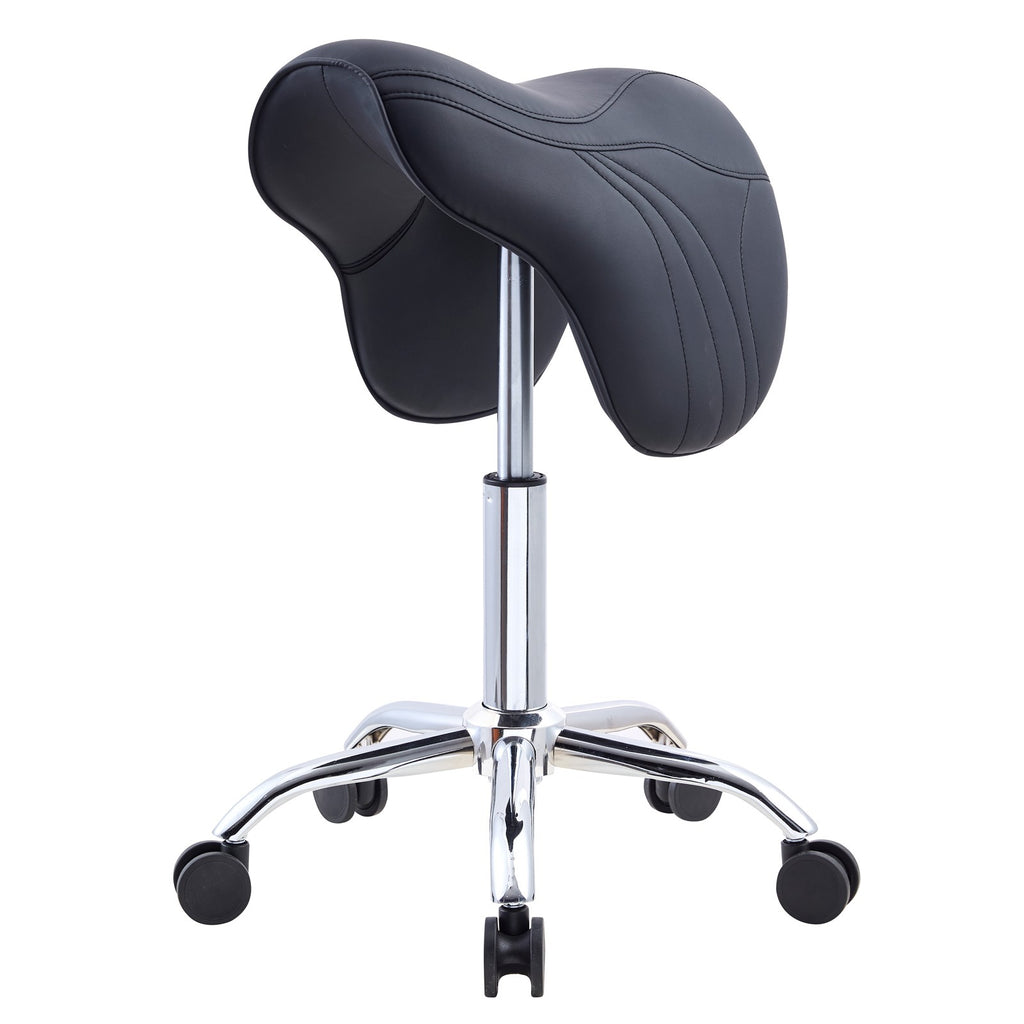 Adjustable Black Saddle Salon Stool with Swivel Wheels & Hydraulic Height