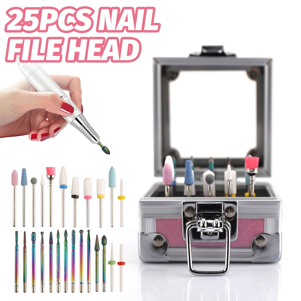 25Pcs Nail Drill Bit Set with Storage Box - Ceramic, Diamond, Carbide for Manicure & Pedicure