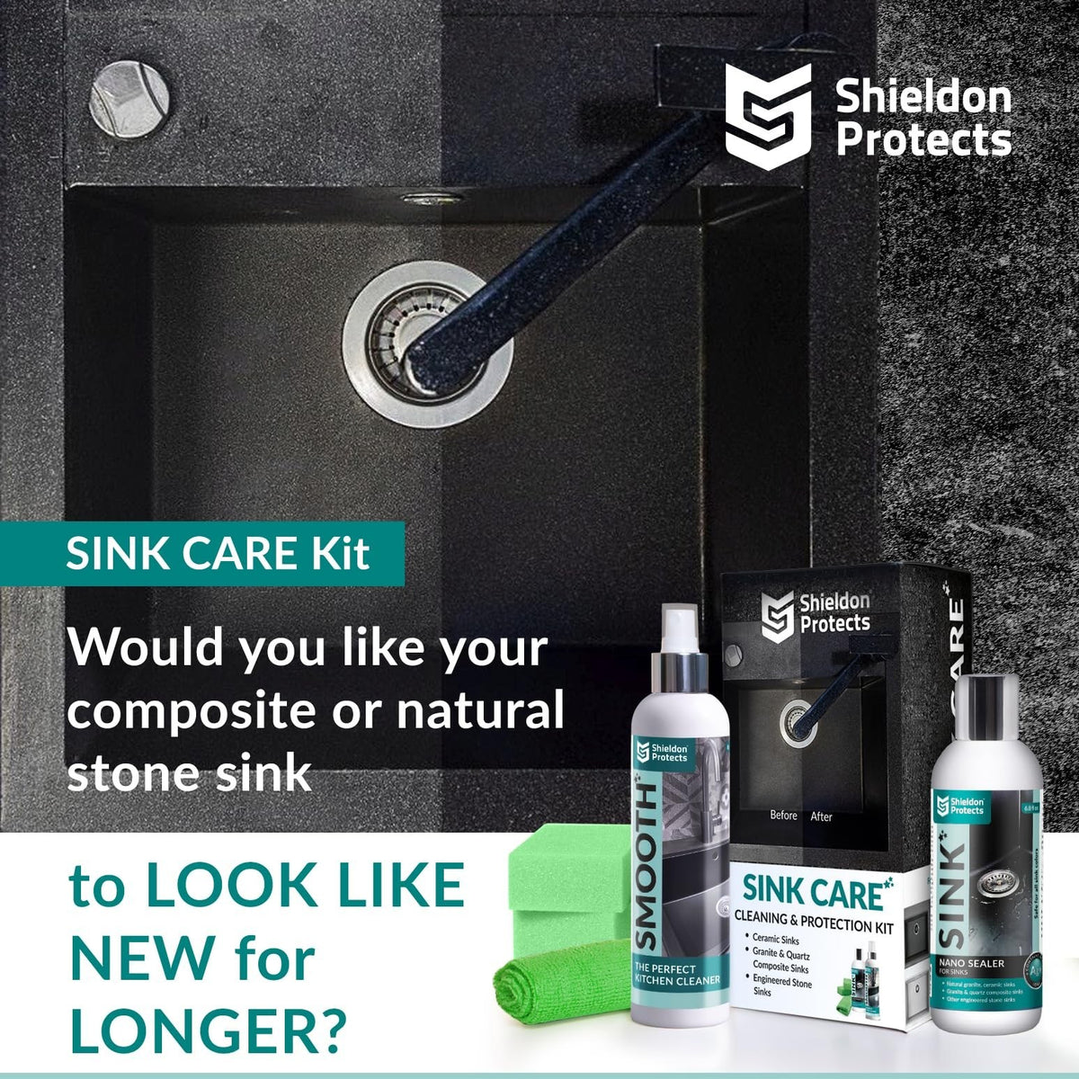 Sink Care Kit - Cleaner & Nano Sealer for Granite, Ceramic & Natural Stone Sinks