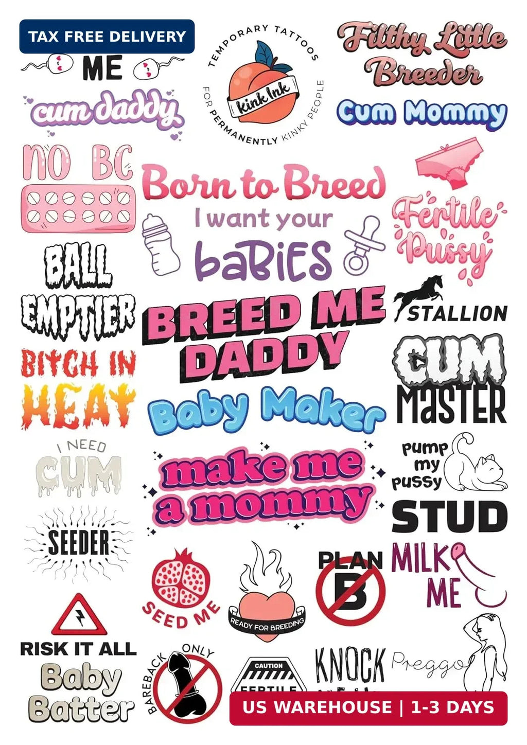 Breeder Themed Temporary Tattoos 29 Designs A4 Sheet – Waterproof, Removable
