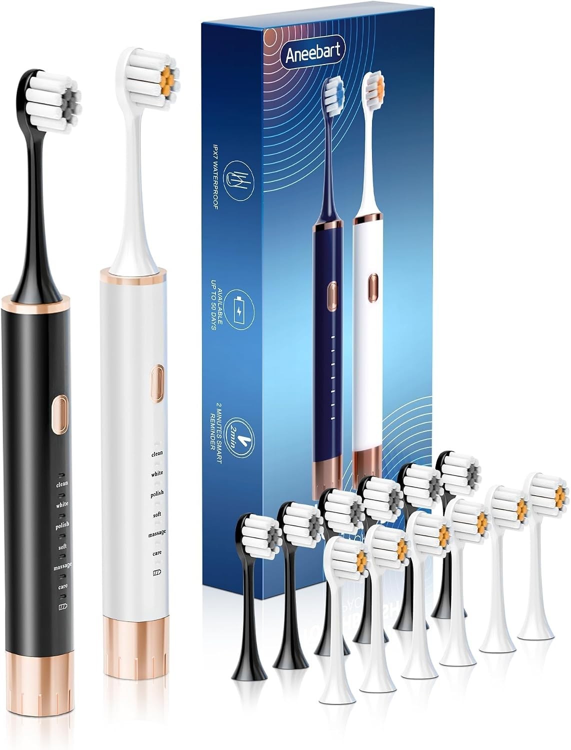 Electric Sonic Toothbrush Set with 12 Replacement Heads & 6 Modes - Rechargeable & Waterproof