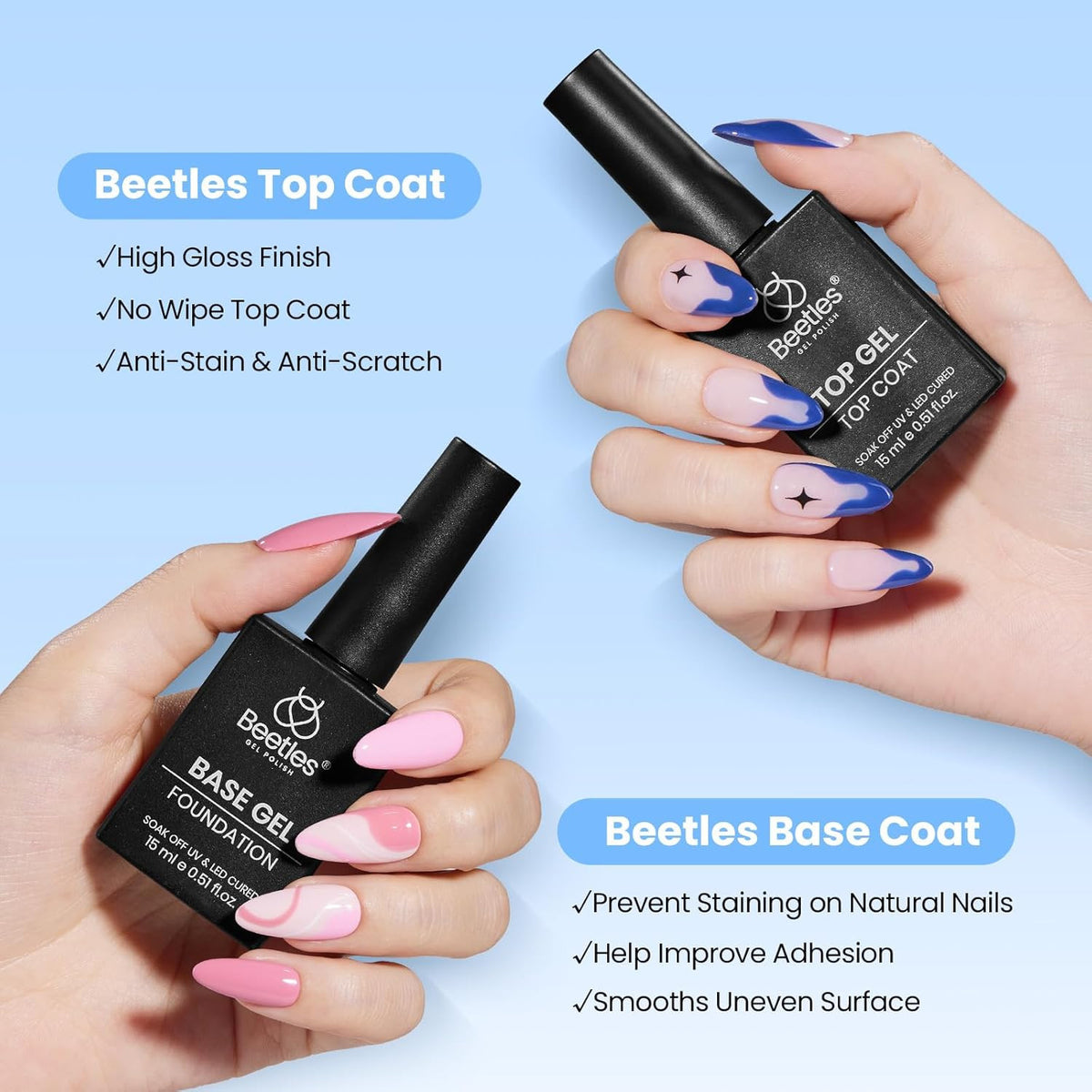 Gel Nail Top Coat and Base Coat Set - Long Lasting UV/LED Polish 2 Pack