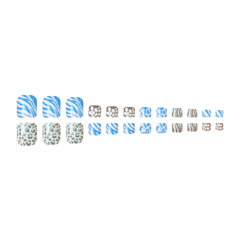 48pcs Short Square Press-On Toe Nails Blue White Leopard Zebra Print