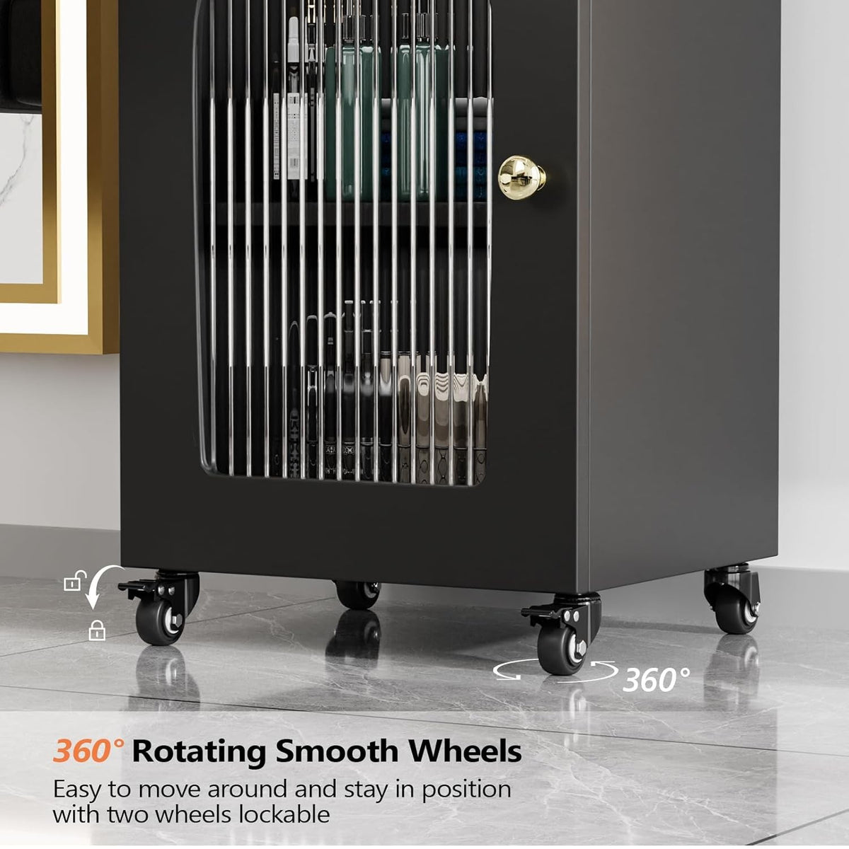 Salon Trolley Cart with Glass Door, Mobile Storage Cabinet with Wheels