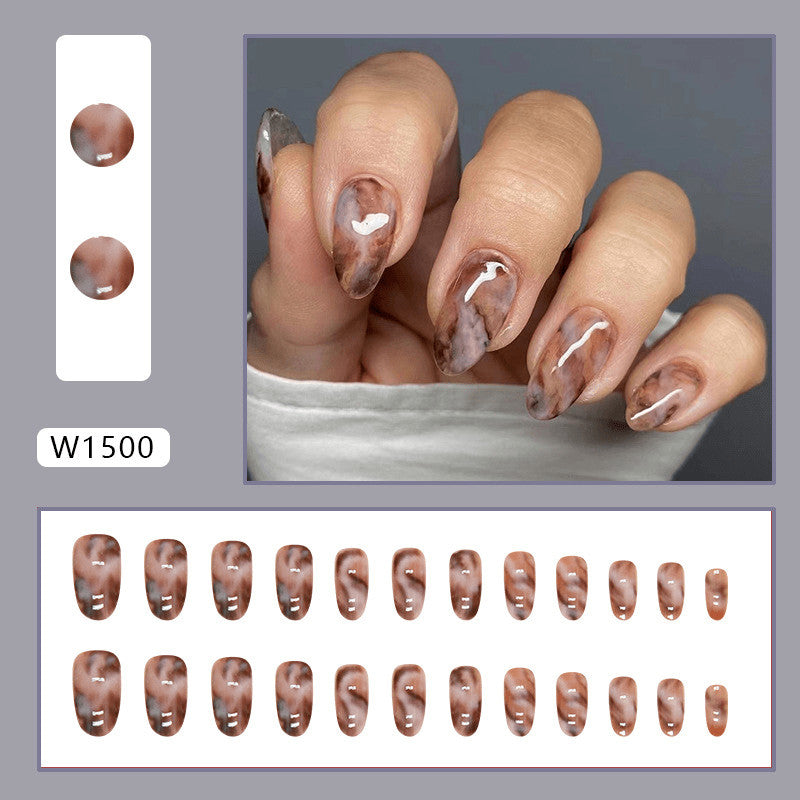 48pcs Almond Press On Nails Brown Marble Tortoise Shell Stylish Nail Art