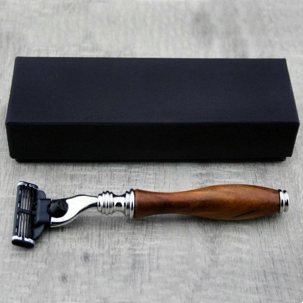 Wood Handle Safety Razor for Men - Compatible with Gillette Mach 3