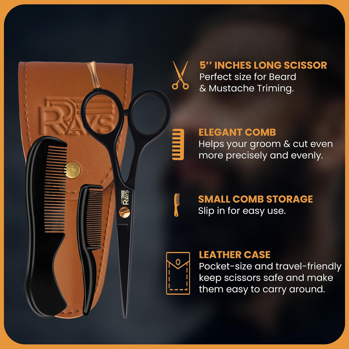 Men's 5 Inch German Mustache & Beard Scissors with Comb & Travel Pouch
