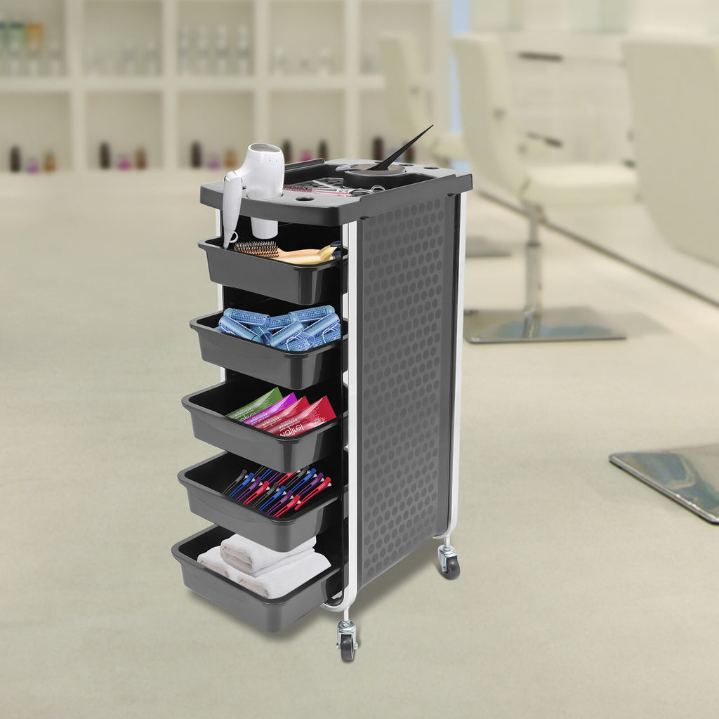Salon Trolley Cart with 5 Drawers and Dryer Holder, Black