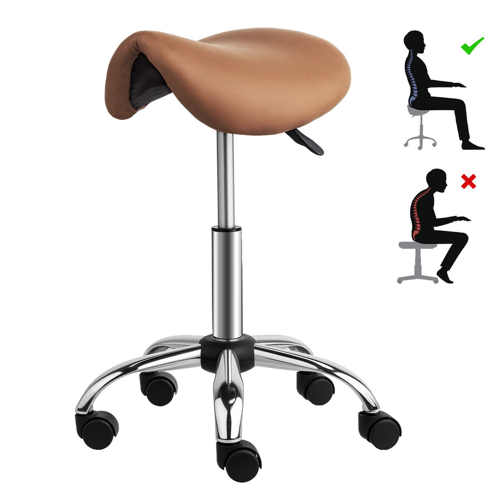 Height Adjustable Saddle Stool with Casters - Ergonomic PU Leather Office Chair