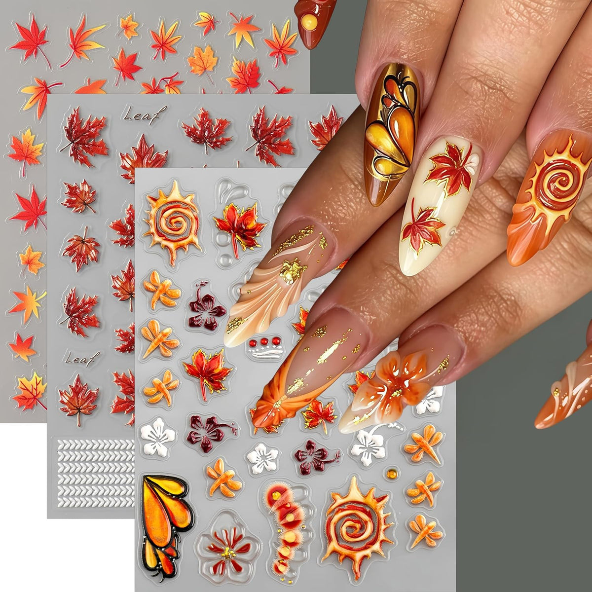Fall Maple Leaf Nail Stickers - 3 Sheets 5D Self-Adhesive Nail Art Decals