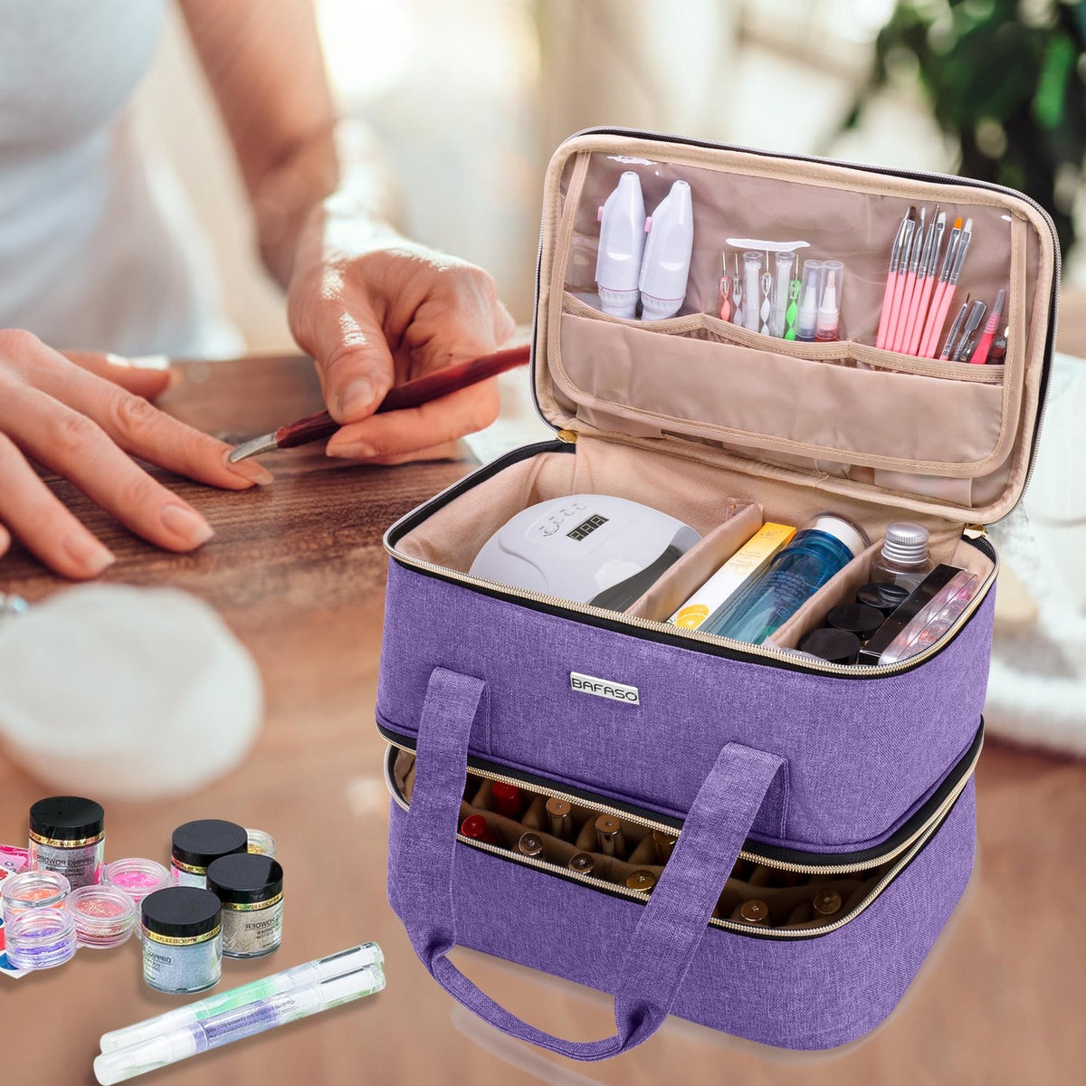 Nail Polish Storage Case Holds 40 Bottles & Nail Lamp - Purple