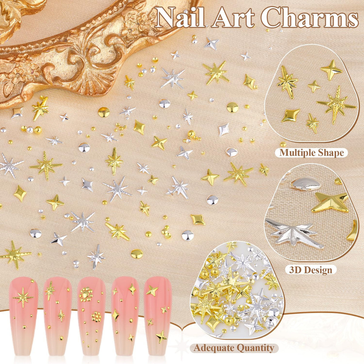 3D Star Nail Charms Set - Gold & Silver Metallic Nail Art Gems with Tweezers