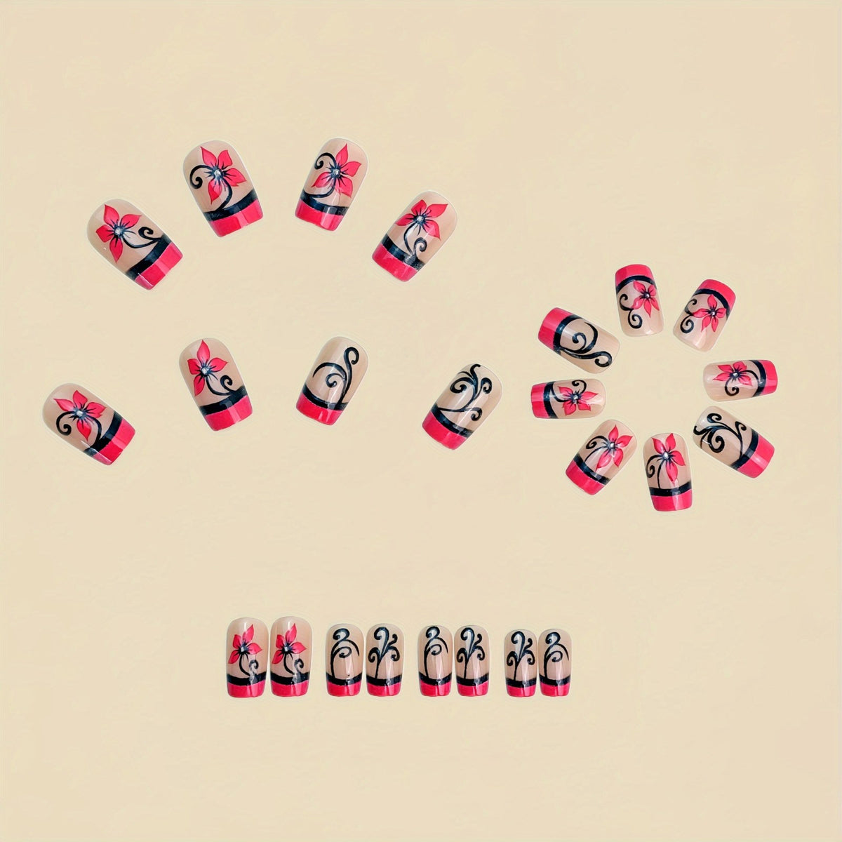 48Pcs Reusable Press-On Nails Set - Pink Black Floral Square Fake Nails