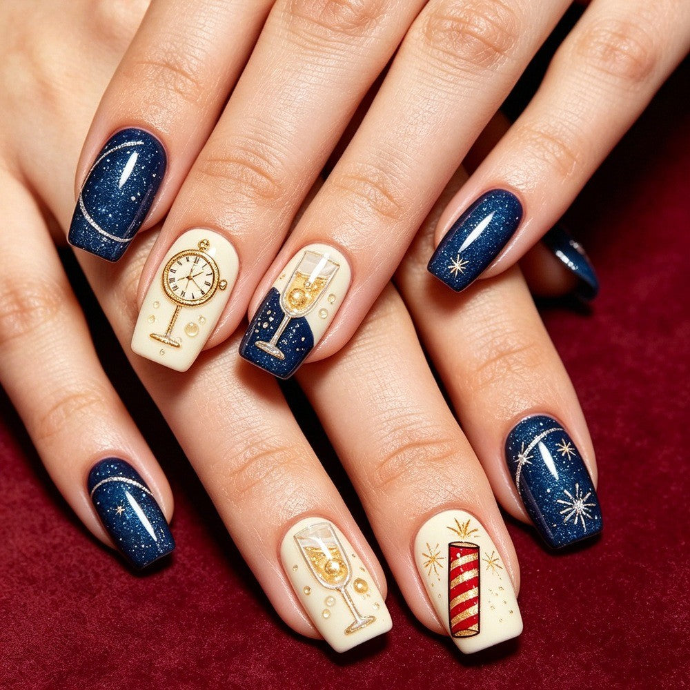 48Pcs Navy Blue Fake Nails Short Square Press On Nails for Nail Art