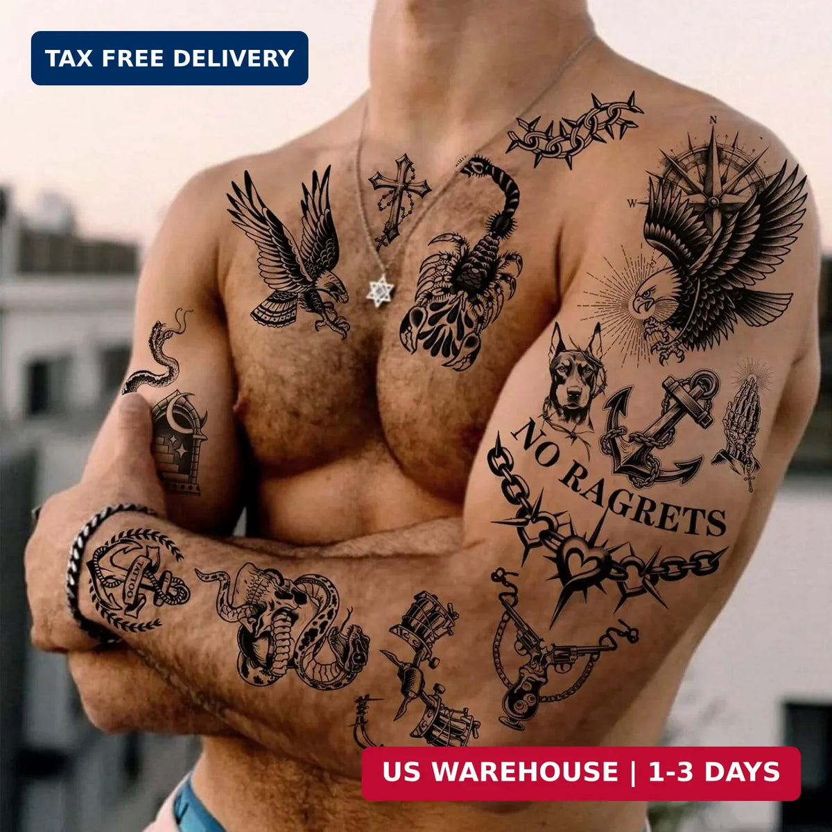 Traditional Black Old School Temporary Tattoos for Adults - 300+ PCS, Waterproof Half Arm Designs