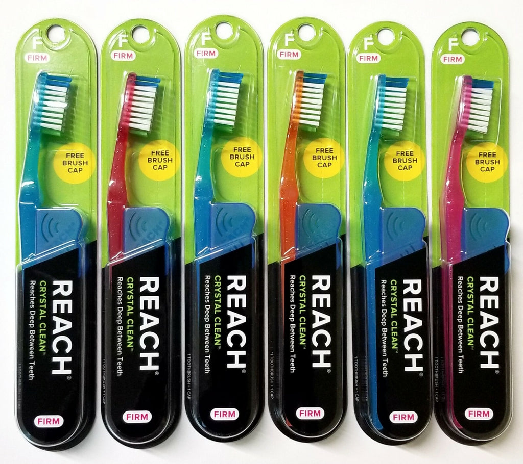 6 Pack Reach Crystal Clean Hard Toothbrushes with Firm Bristles & Free Caps