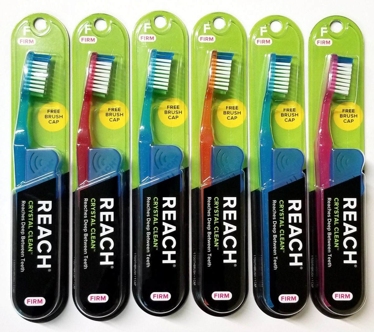 6 Pack Reach Crystal Clean Hard Toothbrushes with Firm Bristles & Free Caps