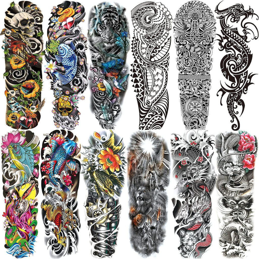 Colorful Full Arm Temporary Tattoos - 12 Sheets, 19 x 6.7 in, Waterproof & Long-Lasting