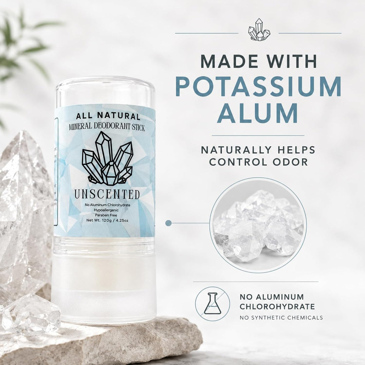 Natural Unscented Mineral Deodorant Stick - Paraben-Free, 24-Hour Odor Control