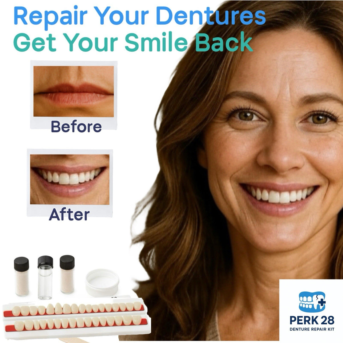Denture Repair Kit with 28 Teeth - Emergency Fix for Cracked or Missing Dentures