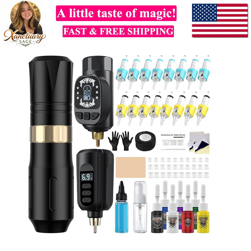 Wireless Tattoo Machine Pen Kit with 2 Batteries, 16 Cartridges & 7 Ink Colors
