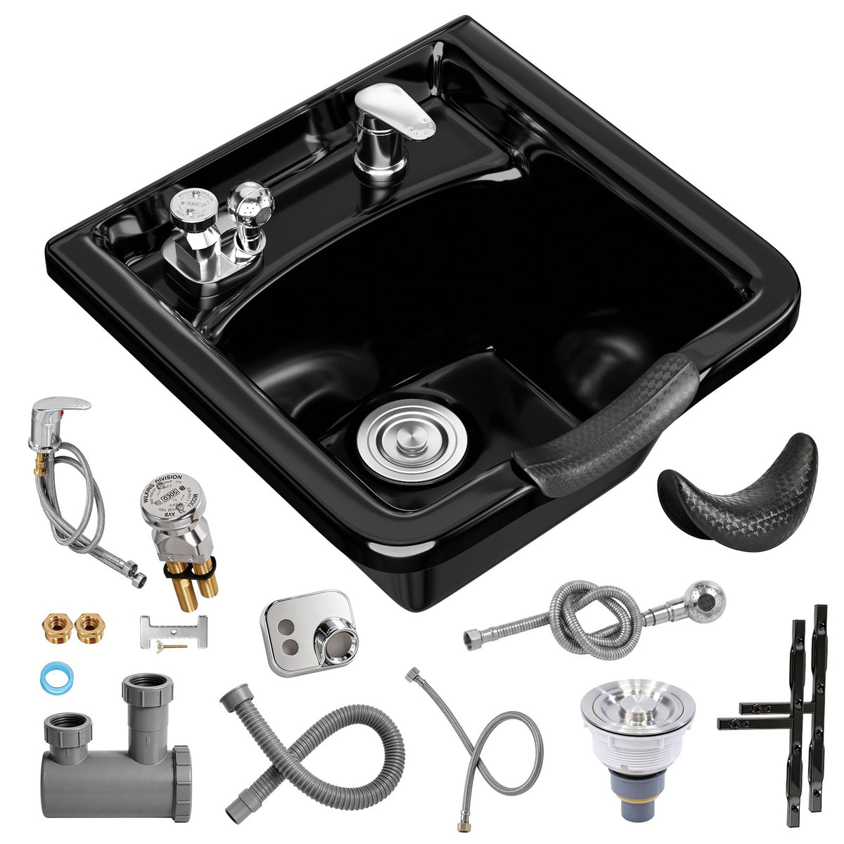 Wall Mount Shampoo Sink with Neck Rest and Accessories - Black ABS Basin
