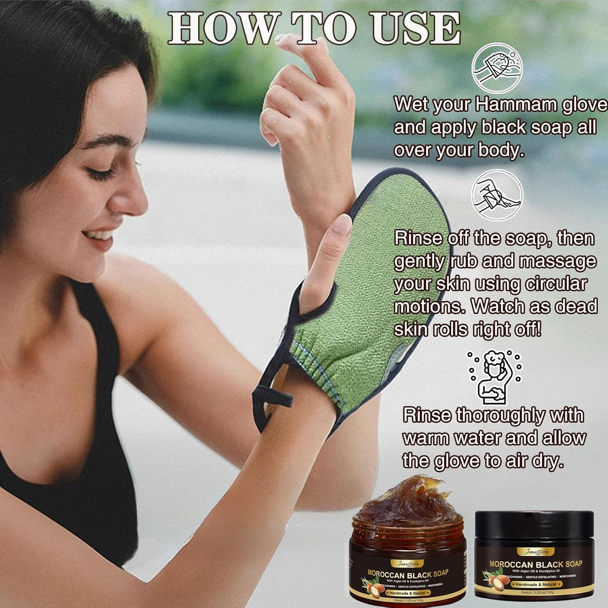Moroccan Black Soap with Exfoliating Glove - Deep Cleansing Body & Face Scrub Set