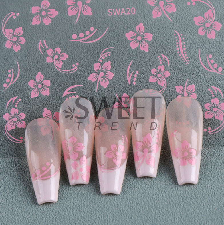 6Pcs Hibiscus Floral Nail Stickers Hawaiian Flower Vine Manicure Decals