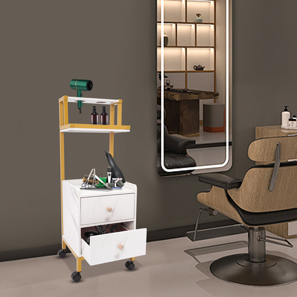 White Gold Barber Cart with 2 Drawers and Storage Rack - Salon Trolley with Wheels