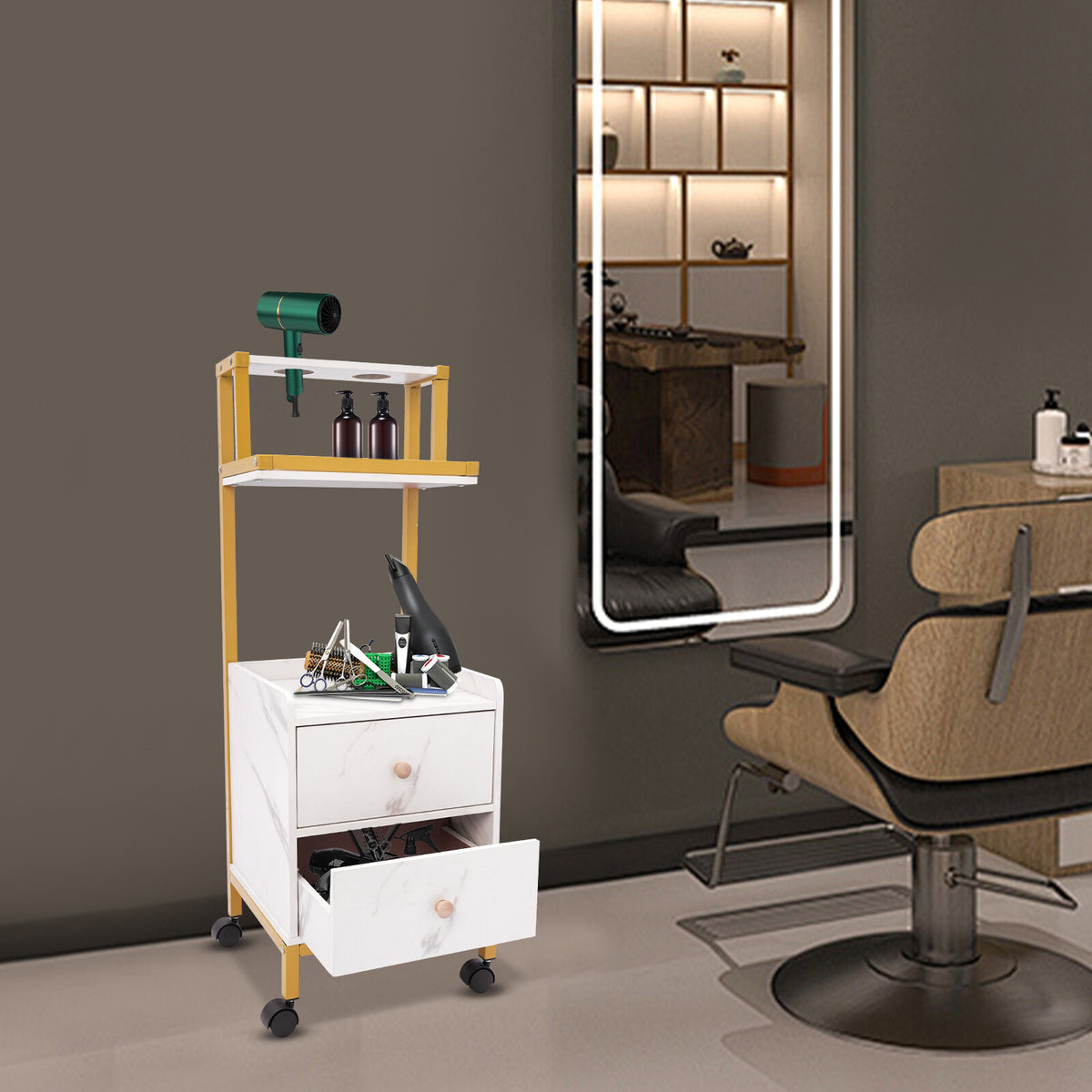 White Gold Barber Cart with 2 Drawers and Storage Rack - Salon Trolley with Wheels