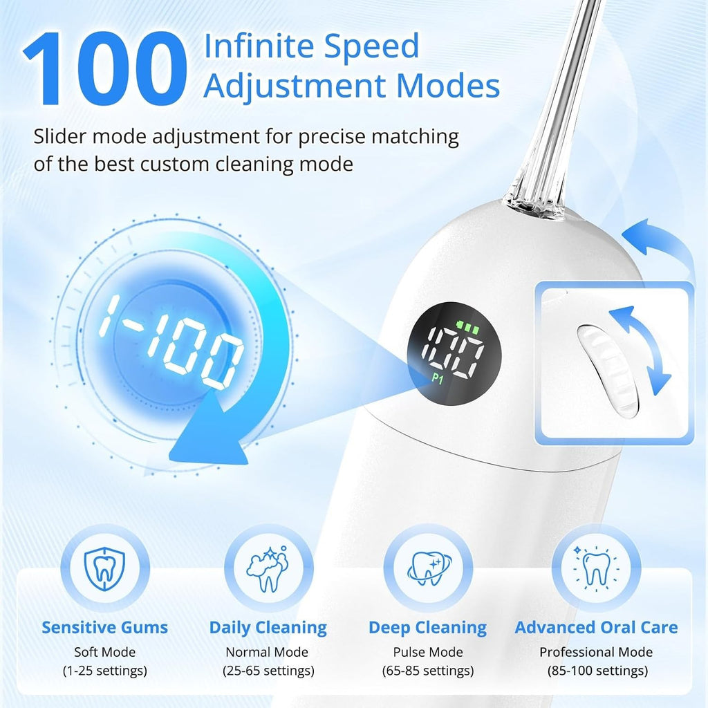 Portable Water Flosser for Teeth with 100 Power Levels, 0-150 PSI Adjustable Pressure, Cordless Dental Oral Care