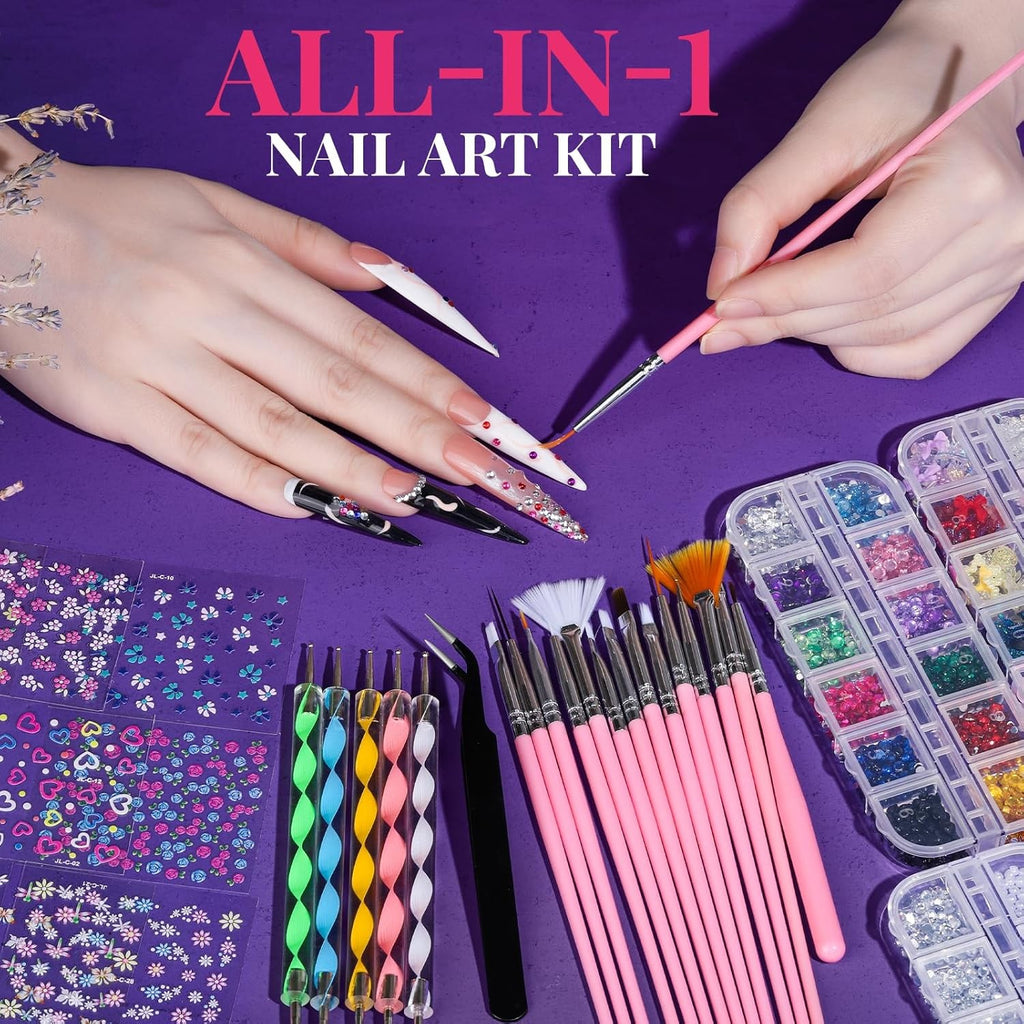 Complete Nail Art Kit with Brushes Rhinestones Charms Stickers for DIY Manicure