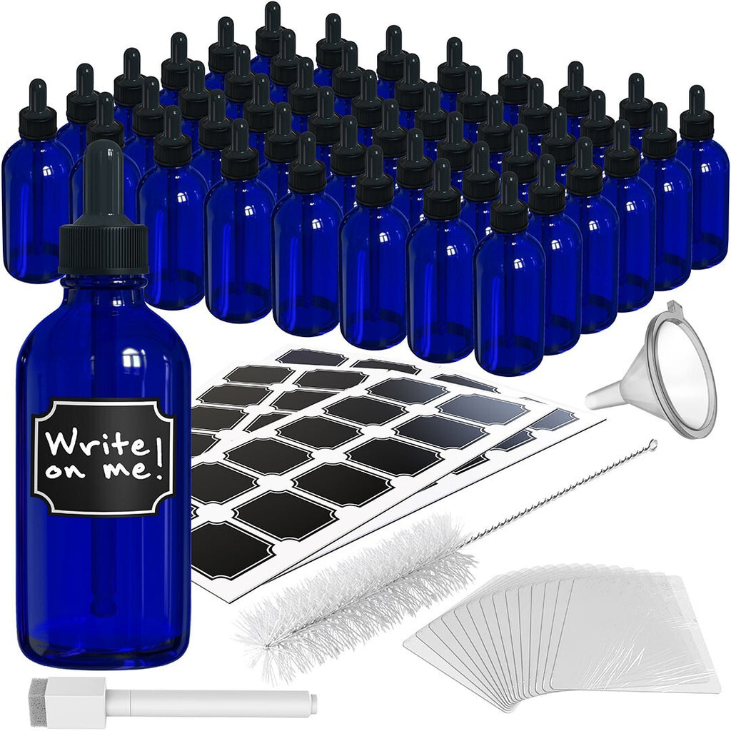 4 oz Cobalt Blue Glass Dropper Bottles Set with Labels for Tinctures & Serums