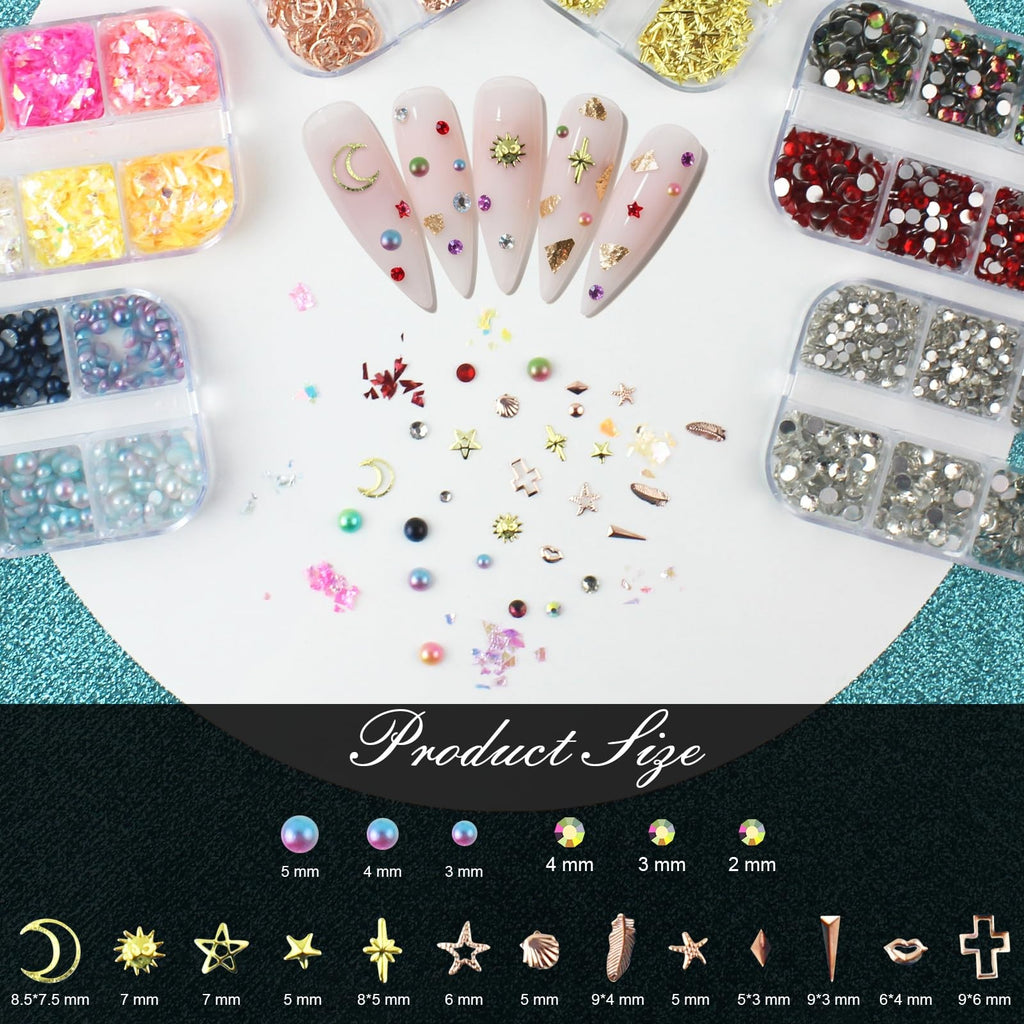Nail Art Glitter Studs Kit with Gold Stickers and 3D Charms - Multicolor