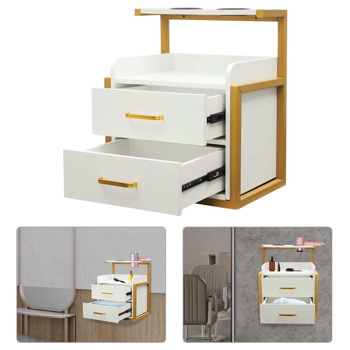 Wall Mount Salon Storage Cabinet with 2 Drawers and Open Shelf - Spa Barber Hair Tool Organizer
