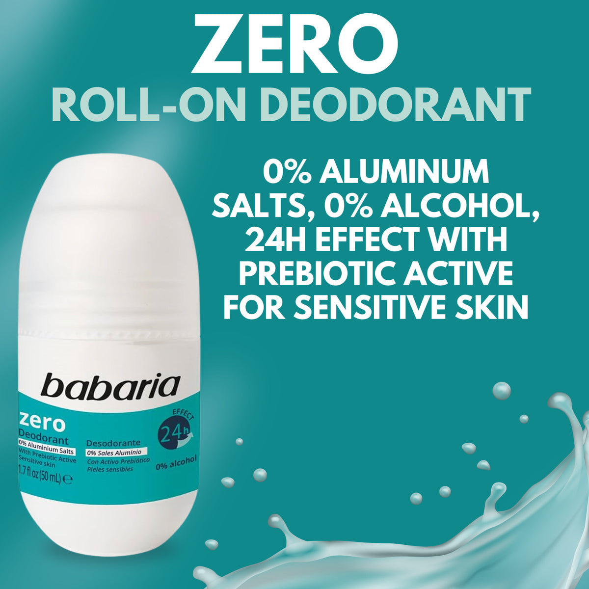 Zero Deodorant Roll-On 50ml - Alcohol-Free, 24H Odor Protection, No Salts