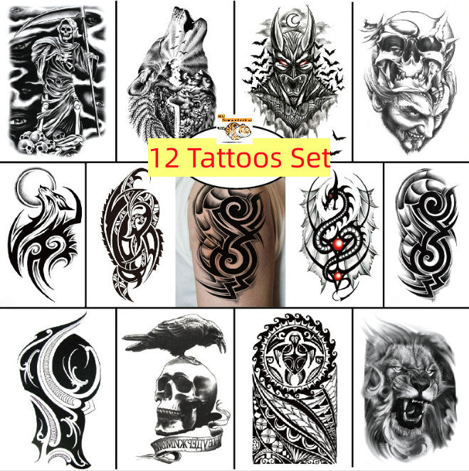 12 Sheets Temporary Tattoos Gothic Skull Wolf Demon Arm Body Art Set