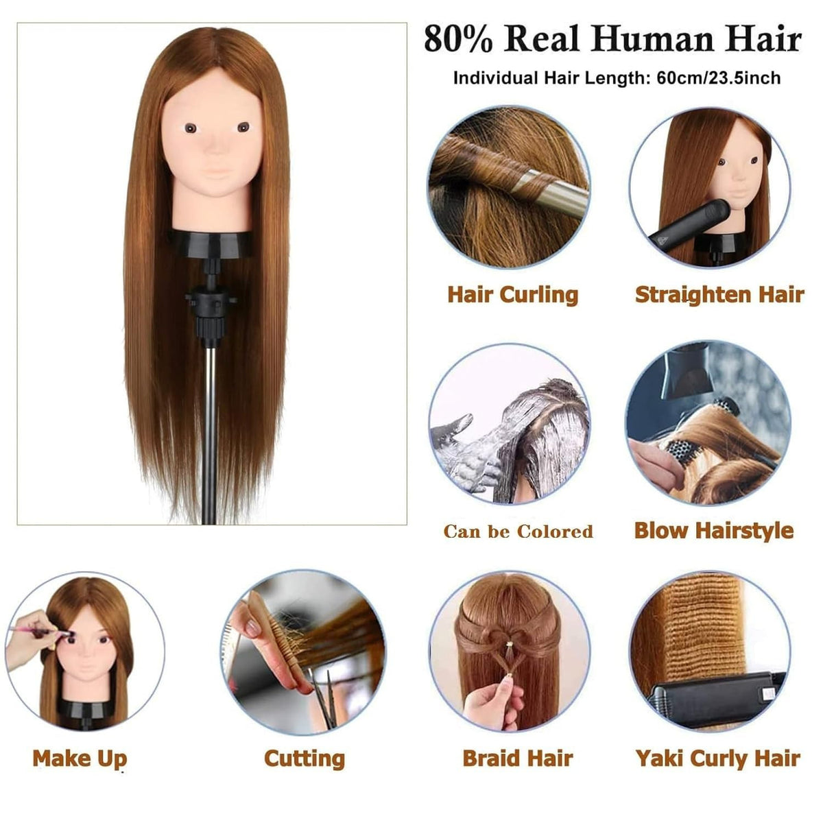 Mannequin Head with 80% Human Hair for Hair Styling & Makeup Practice