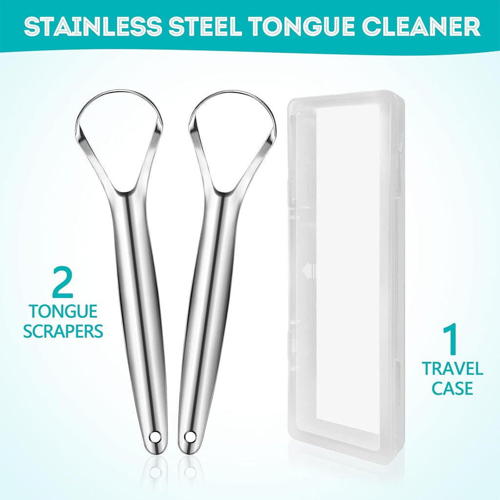 Stainless Steel Tongue Scraper 2 Pack - Oral Hygiene Cleaner with Travel Case