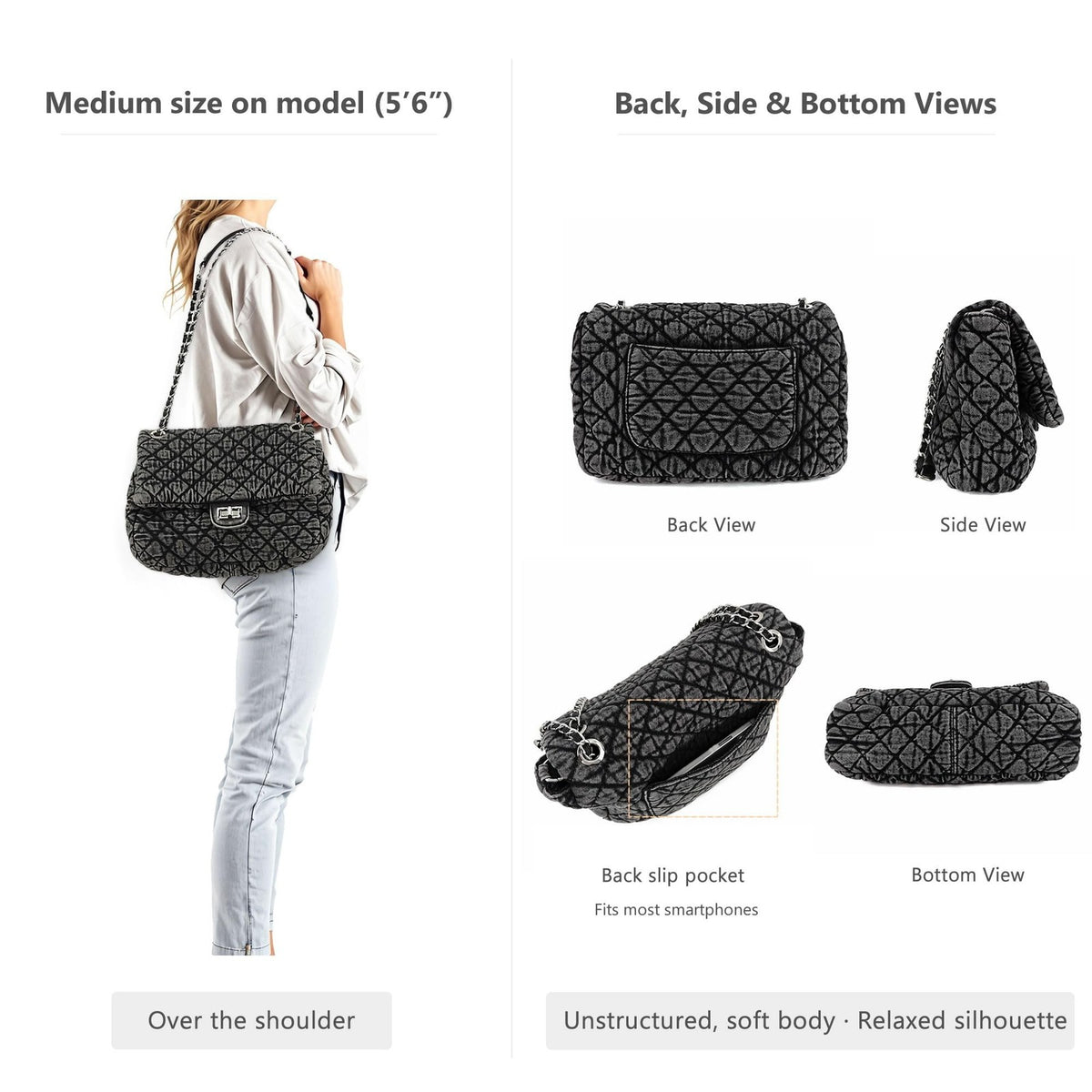 Quilted Denim Shoulder Bag for Women - Crossbody Hobo Purse with Silver Chain