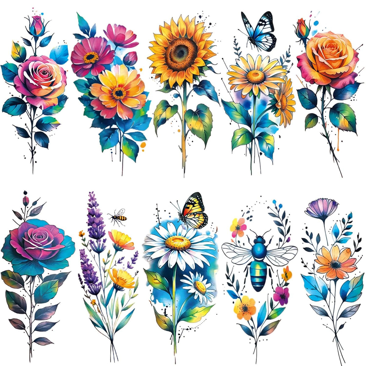 Watercolor Flower Temporary Tattoos - 12 Large 4.7x8.27 in Sets for Arms, Shoulders & More