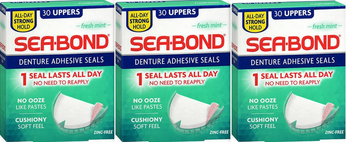 Denture Adhesive Seals Uppers Mint 30 Count - All-Day Comfort, Zinc-Free
