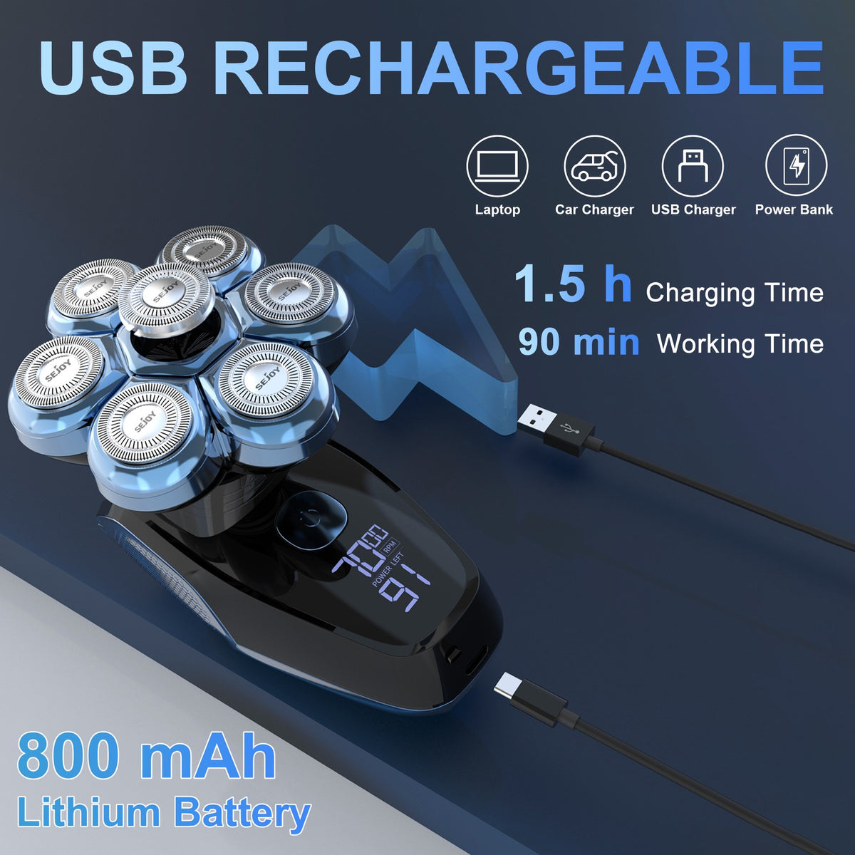 7D Rotary Electric Shaver for Men - Cordless Waterproof Bald Head Razor & Trimmer