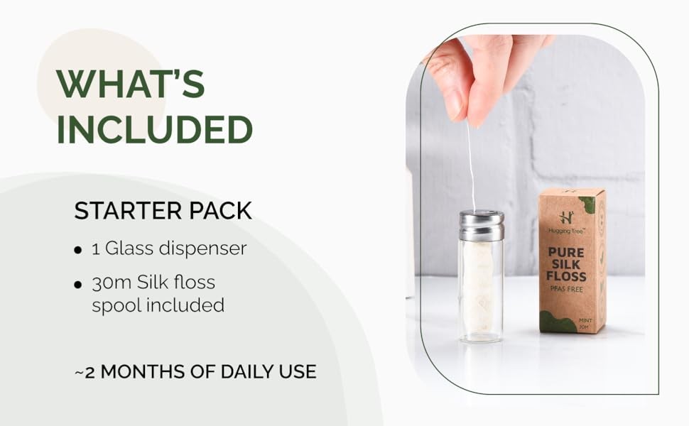 Natural Silk Dental Floss with Reusable Glass Dispenser - Eco-Friendly, Biodegradable, Zero Waste